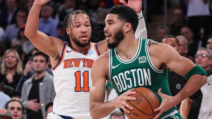 Oct 25, 2023; New York, New York, USA; Boston Celtics forward Jayson Tatum (0) is guarded by New York Knicks guard Jalen Brunson (11) while trying to make a pass in the fourth quarter at Madison Square Garden. Mandatory Credit: Wendell Cruz-USA TODAY Sports Oct 25, 2023; New York, New York, USA; Boston Celtics forward Jayson Tatum (0) is guarded by New York Knicks guard Jalen Brunson (11) while trying to make a pass in the fourth quarter at Madison Square Garden. Mandatory Credit: Wendell Cruz-USA TODAY Sports