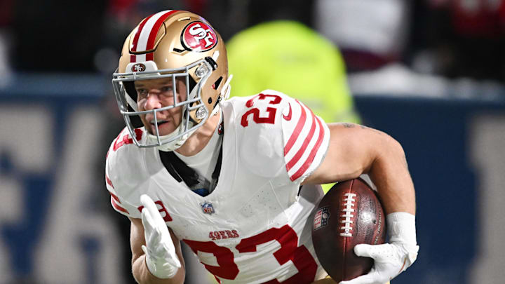 San Francisco 49ers running back Christian McCaffrey warms up for a game. San Francisco 49ers running back Christian McCaffrey warms up for a game.