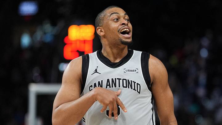 Mar 8, 2026; San Antonio, Texas, USA;  San Antonio Spurs forward Keldon Johnson (3) reacts in the first half against the Houston Rockets at Frost Bank Center. Mandatory Credit: Daniel Dunn-Imagn Images