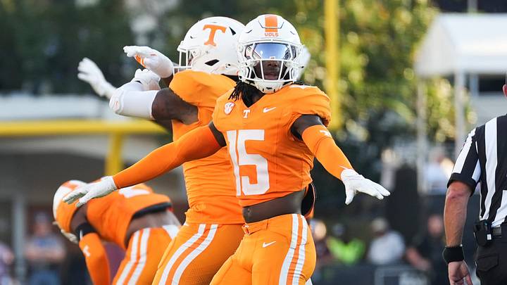 Tennessee defensive back Edrees Farooq (15) and teammates react to a call during a college football game between Tennessee and Mississippi State at Davis Wade Stadium in Starkville, Miss., on Sept. 27, 2025.