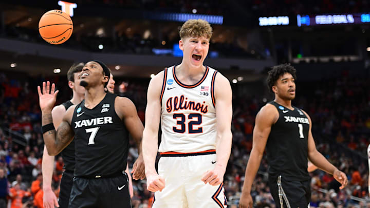 Mar 21, 2025; Milwaukee, WI, USA: Illinois Fighting Illini guard Kasparas Jakucionis (32) reacts during the second half against the Xavier Musketeers at Fiserv Forum. Mandatory Credit: Benny Sieu-Imagn Images