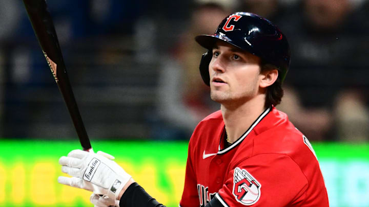 Apr 21, 2026; Cleveland, Ohio, USA; Cleveland Guardians designated hitter Chase DeLauter (24) hits an RBI triple during the eighth inning against the Houston Astros at Progressive Field. Mandatory Credit: Ken Blaze-Imagn Images