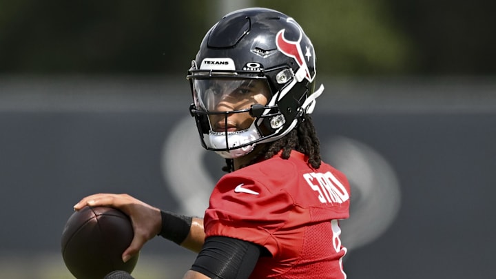 Jun 10, 2025; Houston, TX, USA; Houston Texans quarterback C.J. Stroud (7) participates in a drill during an NFL football minicamp at NRG Stadium. Mandatory Credit: Maria Lysaker-Imagn Images 