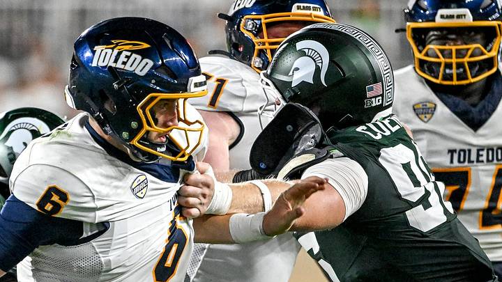 Michigan State’s Eli Coenen, right, pressers Toledo’s John Alan Richter during the third quarter on Friday, Sept. 4, 2026, at Spartan Stadium in East Lansing. Michigan State’s Eli Coenen, right, pressers Toledo’s John Alan Richter during the third quarter on Friday, Sept. 4, 2026, at Spartan Stadium in East Lansing.