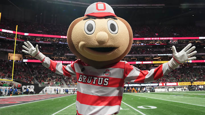 Jan 20, 2025; Atlanta, GA, USA;  Ohio State Buckeyes mascot performs before the CFP National Championship college football game against the Notre Dame Fighting Irish at Mercedes-Benz Stadium. Mandatory Credit: Kirby Lee-Imagn Images