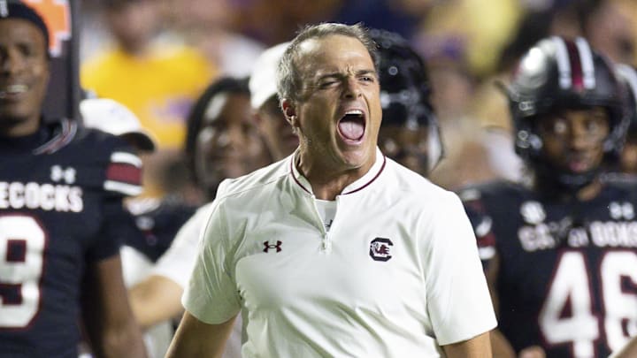Oct 11, 2025; Baton Rouge, Louisiana, USA;  South Carolina Gamecocks head coach Shane Beamer reacts to a play against the LSU Tigers during the second half at Tiger Stadium. Mandatory Credit: Stephen Lew-Imagn Images