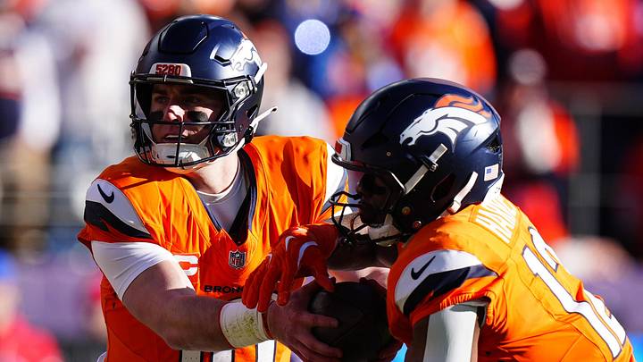 Denver Broncos quarterback Bo Nix (10) and running back RJ Harvey (12) Denver Broncos quarterback Bo Nix (10) and running back RJ Harvey (12)