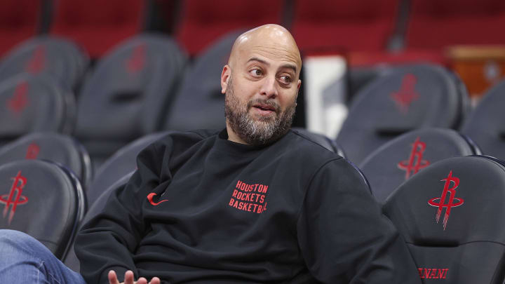 Nov 24, 2023; Houston, Texas, USA; Houston Rockets general manager Rafael Stone talks before the game against the Denver Nuggets at Toyota Center. Mandatory Credit: Troy Taormina-USA TODAY Sports