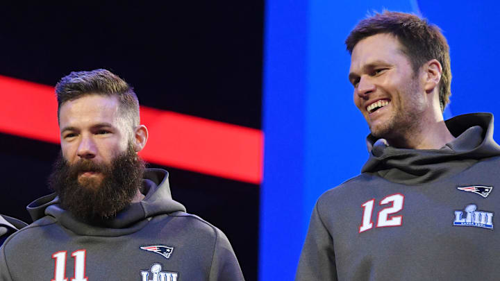 Jan 28, 2019; Atlanta, GA, USA; New England Patriots quarterback Tom Brady (12) and wide receiver Julian Edelman (11) during Opening Night for Super Bowl LIII at State Farm Arena. Mandatory Credit: Kirby Lee-Imagn Images Jan 28, 2019; Atlanta, GA, USA; New England Patriots quarterback Tom Brady (12) and wide receiver Julian Edelman (11) during Opening Night for Super Bowl LIII at State Farm Arena. Mandatory Credit: Kirby Lee-Imagn Images