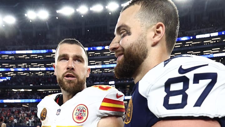Nov 27, 2025; Arlington, Texas, USA; Kansas City Chiefs tight end Travis Kelce (87) and Dallas Cowboys tight end Jake Ferguson (87) talk after the game at AT&T Stadium. Mandatory Credit: Kevin Jairaj-Imagn Images
