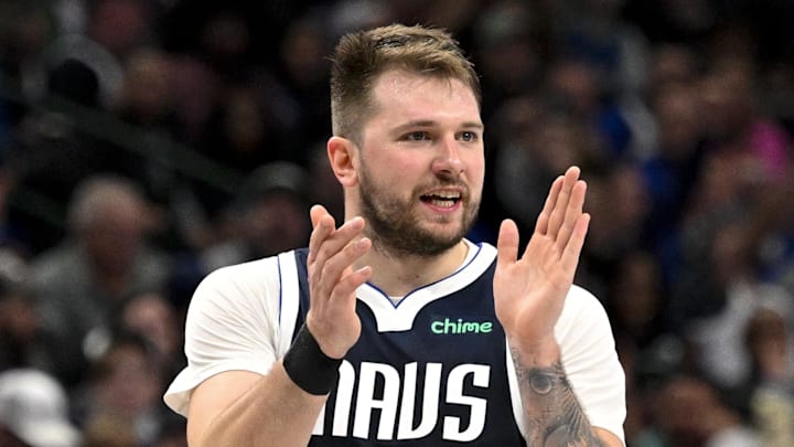 Dec 23, 2024; Dallas, Texas, USA; Dallas Mavericks guard Luka Doncic (77) celebrates during the second half against the Portland Trail Blazers at the American Airlines Center. Mandatory Credit: Jerome Miron-Imagn Images