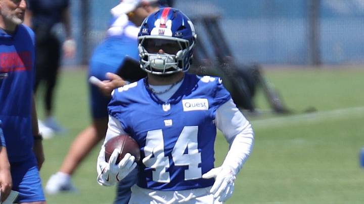 Jun 9, 2026; East Rutherford, NJ, USA; New York Giants running back Cam Skattebo (44) participates in drills during the minicamp activities at Quest Diagnostics Center.  