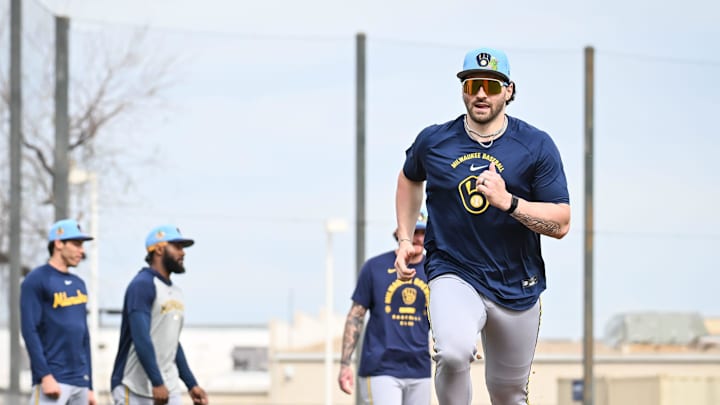 Milwaukee Brewers outfielder Garrett Mitchell runs the bases during spring training workouts Monday, February 16, 2026, at American Family Fields of Phoenix in Phoenix, Arizona. Milwaukee Brewers outfielder Garrett Mitchell runs the bases during spring training workouts Monday, February 16, 2026, at American Family Fields of Phoenix in Phoenix, Arizona.