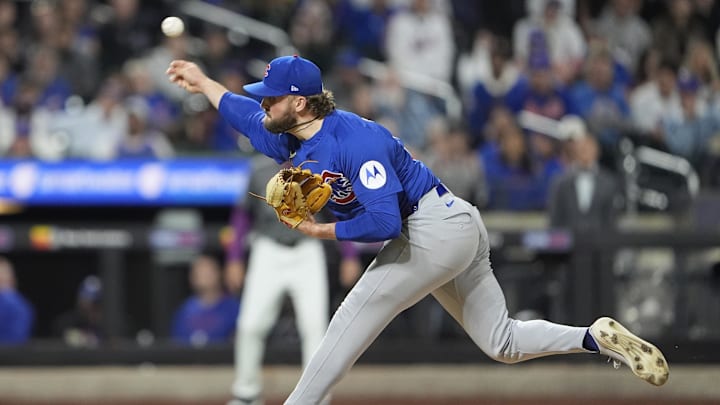 May 10, 2025; New York City, New York, USA; Chicago Cubs pitcher Porter Hodge (37) delivers a pitch against the New York Mets during the ninth inning at Citi Field. 