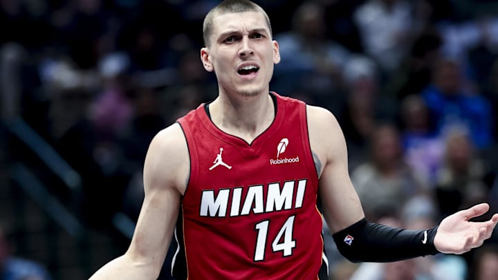 Feb 13, 2025; Dallas, Texas, USA;  Miami Heat guard Tyler Herro (14) reacts during the first half against the Dallas Mavericks at American Airlines Center. Mandatory Credit: Kevin Jairaj-Imagn Images