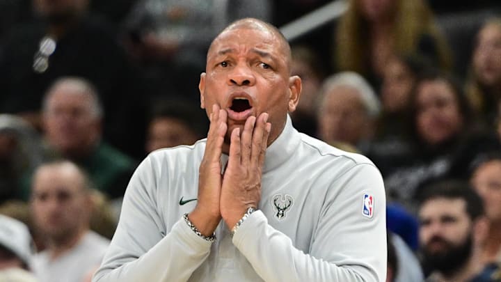 Milwaukee Bucks head coach Doc Rivers reacts in the second quarter against the Golden State Warriors at Fiserv Forum. Oct 30, 2025. Milwaukee Bucks head coach Doc Rivers reacts in the second quarter against the Golden State Warriors at Fiserv Forum. Oct 30, 2025.