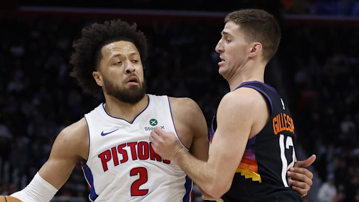 Jan 15, 2026; Detroit, Michigan, USA; Detroit Pistons guard Cade Cunningham (2) dribbles defended by Phoenix Suns guard Collin Gillespie (12) in the second half at Little Caesars Arena. Mandatory Credit: Rick Osentoski-Imagn Images Jan 15, 2026; Detroit, Michigan, USA; Detroit Pistons guard Cade Cunningham (2) dribbles defended by Phoenix Suns guard Collin Gillespie (12) in the second half at Little Caesars Arena. Mandatory Credit: Rick Osentoski-Imagn Images