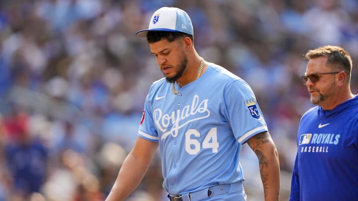 Aug 2, 2025; Toronto, Ontario, CAN; Kansas City Royals pitcher Steven Cruz (64) leaves the game during the seventh inning against the Toronto Blue Jays at Rogers Centre. Mandatory Credit: Kevin Sousa-Imagn Images Aug 2, 2025; Toronto, Ontario, CAN; Kansas City Royals pitcher Steven Cruz (64) leaves the game during the seventh inning against the Toronto Blue Jays at Rogers Centre. Mandatory Credit: Kevin Sousa-Imagn Images