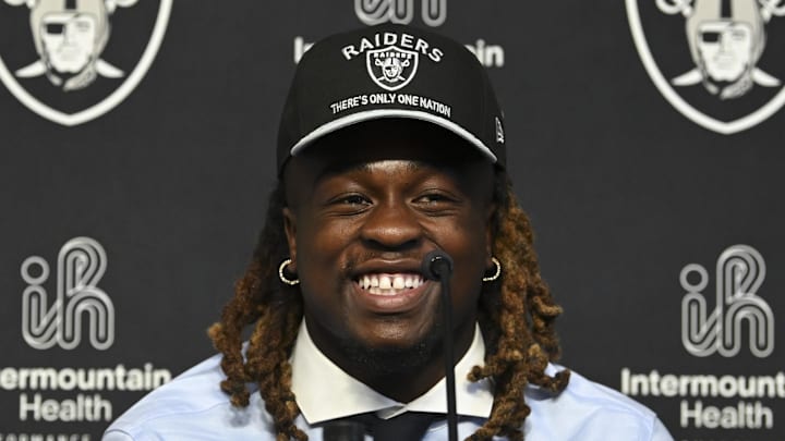 Las Vegas Raiders first round draft pick Ashton Jeanty speaks to media at his introductory press conference.