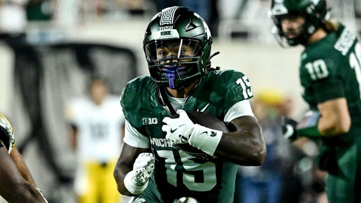 Michigan State's Kay'ron Lynch-Adams runs for a gain against Iowa in the second quarter on Saturday, Oct. 19, 2024, at Spartan Stadium in East Lansing. Michigan State's Kay'ron Lynch-Adams runs for a gain against Iowa in the second quarter on Saturday, Oct. 19, 2024, at Spartan Stadium in East Lansing.