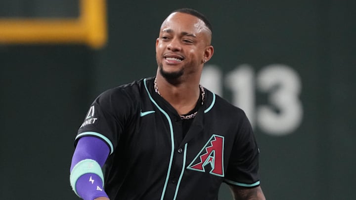 Sep 17, 2025; Phoenix, Arizona, USA; Arizona Diamondbacks second base Ketel Marte (4) reacts against the San Francisco Giants in the first inning at Chase Field. Mandatory Credit: Rick Scuteri-Imagn Images