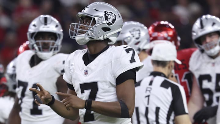 Dec 21, 2025; Houston, Texas, USA; Las Vegas Raiders quarterback Geno Smith (7) reacts after a play during the second half against the Houston Texans at NRG Stadium. Mandatory Credit: Troy Taormina-Imagn Images
