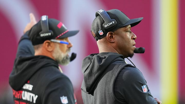 Dec 21, 2025; Glendale, Arizona, USA; Atlanta Falcons head coach Raheem Morris looks on from the sidelines against the Arizona Cardinals during the first half at State Farm Stadium. Mandatory Credit: Joe Camporeale-Imagn Images Dec 21, 2025; Glendale, Arizona, USA; Atlanta Falcons head coach Raheem Morris looks on from the sidelines against the Arizona Cardinals during the first half at State Farm Stadium. Mandatory Credit: Joe Camporeale-Imagn Images