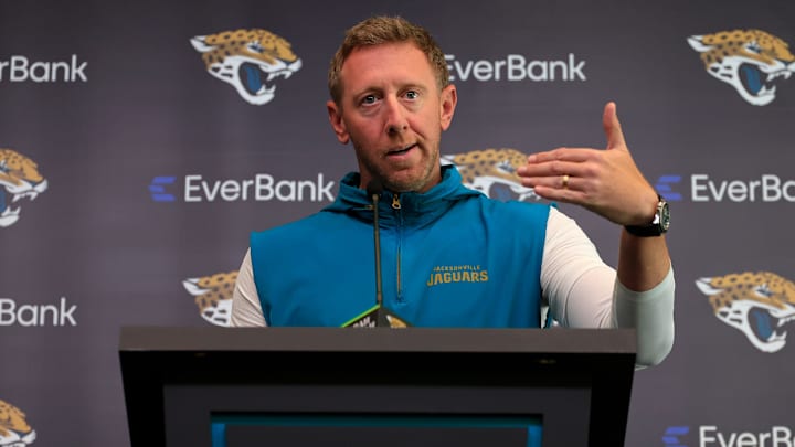 Jacksonville Jaguars head coach Liam Coen speaks during a press conference at the Miller Electric Center, Monday, April 20, 2026 in Jacksonville, Fla.