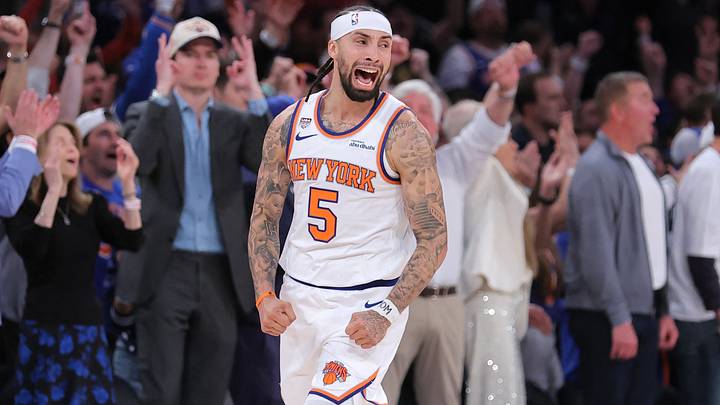 Jun 10, 2026; New York, New York, USA; New York Knicks guard Jose Alvarado (5) reacts in the fourth quarter against the San Antonio Spurs during game four of the 2026 NBA Finals at Madison Square Garden. Mandatory Credit: Brad Penner-Imagn Images Jun 10, 2026; New York, New York, USA; New York Knicks guard Jose Alvarado (5) reacts in the fourth quarter against the San Antonio Spurs during game four of the 2026 NBA Finals at Madison Square Garden. Mandatory Credit: Brad Penner-Imagn Images
