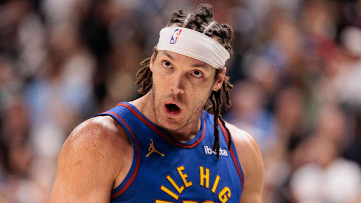 Apr 20, 2024; Denver, Colorado, USA; Denver Nuggets forward Aaron Gordon (50) reacts to defeating the Los Angeles Lakers in game one of the first round for the 2024 NBA playoffs at Ball Arena. Mandatory Credit: Andrew Wevers-Imagn Images