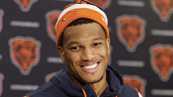 Jun 3, 2025; Lake Forest, IL, USA; Chicago Bears wide receiver DJ Moore (2) speaks during minicamp at Halas Hall. Mandatory Credit: Kamil Krzaczynski-Imagn Images