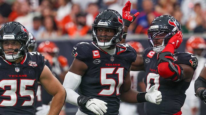 Sep 20, 2026; Houston, Texas, USA; Houston Texans linebacker Jake Hansen (35) defensive end Will Anderson Jr. (51) and linebacker Azeez al-Shaair (0) look to the sidelines for the defensive call against the Cincinnati Bengals at Reliant Stadium. Mandatory Credit: Thomas Shea-Imagn Images Sep 20, 2026; Houston, Texas, USA; Houston Texans linebacker Jake Hansen (35) defensive end Will Anderson Jr. (51) and linebacker Azeez al-Shaair (0) look to the sidelines for the defensive call against the Cincinnati Bengals at Reliant Stadium. Mandatory Credit: Thomas Shea-Imagn Images