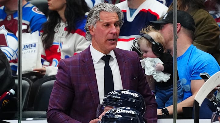 Feb 28, 2026; Denver, Colorado, USA; Colorado Avalanche head coach Jared Bednar on the bench in the third period against the Chicago Blackhawks at Ball Arena. Mandatory Credit: Ron Chenoy-Imagn Images