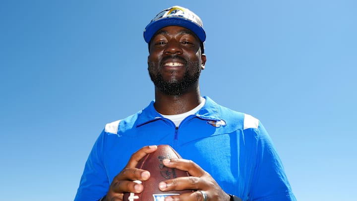 Aug 29, 2022; Thousand Oaks, CA, USA: Los Angeles Rams offensive assistant coach and Bill Walsh diversity coaching fellow K.J. Black aka KJ Black poses during training camp at Cal Lutheran University. Mandatory Credit: Kirby Lee-Imagn Images Aug 29, 2022; Thousand Oaks, CA, USA: Los Angeles Rams offensive assistant coach and Bill Walsh diversity coaching fellow K.J. Black aka KJ Black poses during training camp at Cal Lutheran University. Mandatory Credit: Kirby Lee-Imagn Images