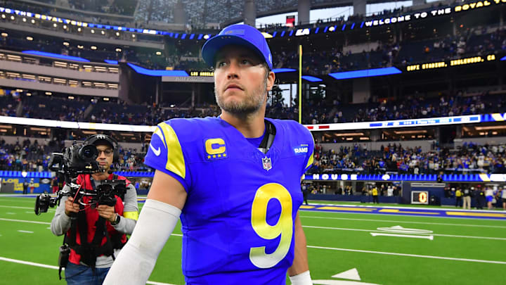Jan 4, 2026; Inglewood, California, USA;  Los Angeles Rams quarterback Matthew Stafford (9) leaves the field following a game against the Arizona Cardinals at SoFi Stadium. Mandatory Credit: Gary A. Vasquez-Imagn Images