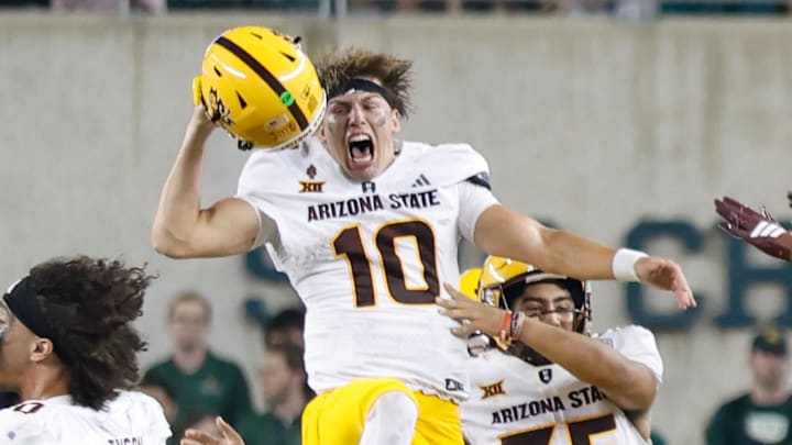 Sep 20, 2025; Waco, Texas, USA; Arizona State Sun Devils quarterback Sam Leavitt (10) reacts after the Arizona State Sun Devils defeat the Baylor Bears 27-24 at McLane Stadium. Mandatory Credit: Chris Jones-Imagn Images