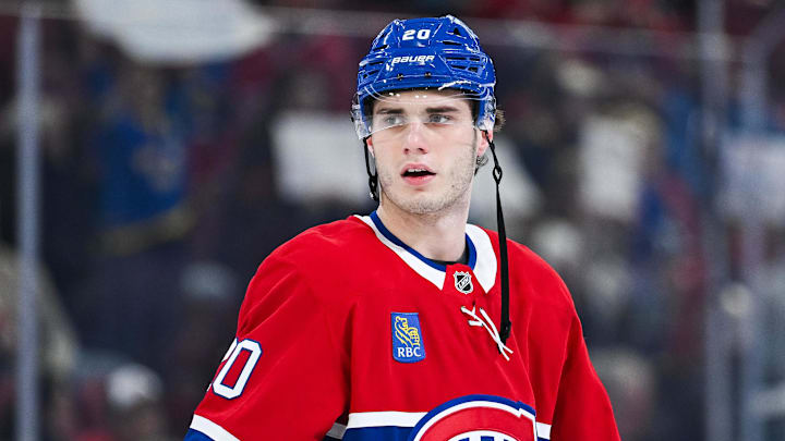 Jan 12, 2026; Montreal, Quebec, CAN; Montreal Canadiens left wing Juraj Slafkovsky (20) looks on during warm-up before the game against the Vancouver Canucks at Bell Centre. Mandatory Credit: David Kirouac-Imagn Images Jan 12, 2026; Montreal, Quebec, CAN; Montreal Canadiens left wing Juraj Slafkovsky (20) looks on during warm-up before the game against the Vancouver Canucks at Bell Centre. Mandatory Credit: David Kirouac-Imagn Images