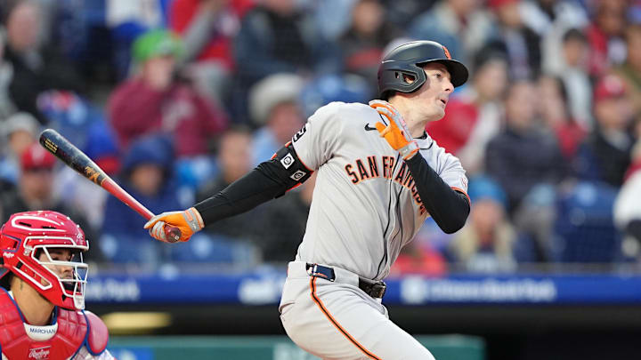 Apr 16, 2025; Philadelphia, Pennsylvania, USA; San Francisco Giants outfielder Mike Yastrzemski (5) hits a single against the Philadelphia Phillies in the second inning at Citizens Bank Park. Apr 16, 2025; Philadelphia, Pennsylvania, USA; San Francisco Giants outfielder Mike Yastrzemski (5) hits a single against the Philadelphia Phillies in the second inning at Citizens Bank Park.