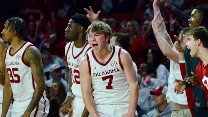 Oklahoma guard Dayton Forsythe celebrates after a 3-pointer against Georgia.