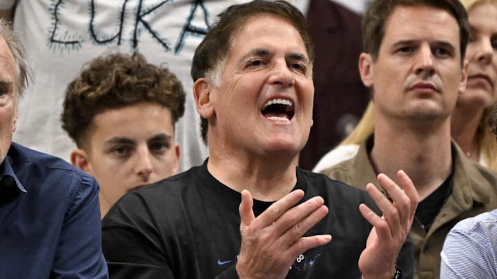 Feb 8, 2025; Dallas, Texas, USA; Mark Cuban watches the game between the Dallas Mavericks and the Houston Rockets at the American Airlines Center. Mandatory Credit: Jerome Miron-Imagn Images