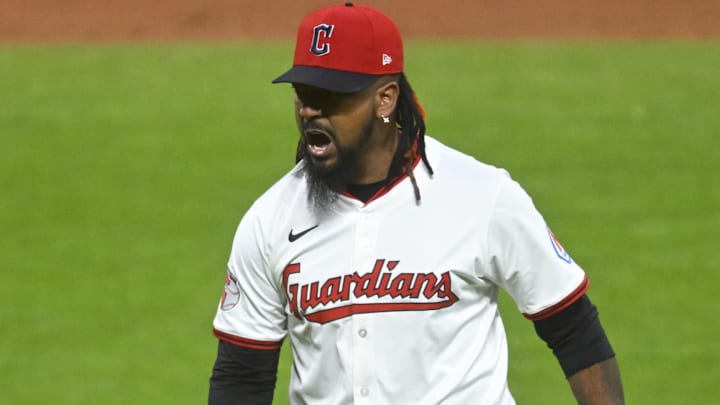 Apr 30, 2025; Cleveland, Ohio, USA; Cleveland Guardians relief pitcher Emmanuel Clase (48) celebrates the final out in a win over the Minnesota Twins at Progressive Field. Mandatory Credit: David Richard-Imagn Images