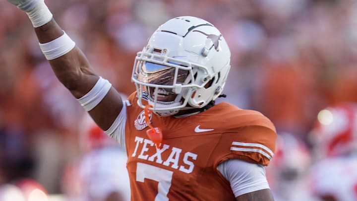 Texas Longhorns defensive back Jahdae Barron celebrates a turnover against Clemson Tigers.