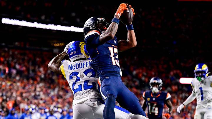 DENVER, CO - SEPTEMBER 27: Denver Broncos wide receiver Pat Bryant 13 catches a pass for a two-point conversion under coverage by Los Angeles Rams cornerback Trent McDuffie 22 during a game at Empower Field at Mile High on September 27, 2026 in Denver, Colorado. DENVER, CO - SEPTEMBER 27: Denver Broncos wide receiver Pat Bryant 13 catches a pass for a two-point conversion under coverage by Los Angeles Rams cornerback Trent McDuffie 22 during a game at Empower Field at Mile High on September 27, 2026 in Denver, Colorado.