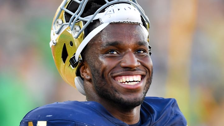 Notre Dame Fighting Irish defensive lineman Jason Onye (47) watches in the closing minutes of the game against the Miami Redhawks.