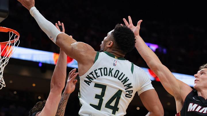 Mar 12, 2026; Miami, Florida, USA; Milwaukee Bucks forward Giannis Antetokounmpo (34) drives to the basket against Miami Heat guard Pelle Larsson (9) and forward Jaime Jaquez Jr. (11) during the second quarter at Kaseya Center. Mandatory Credit: Sam Navarro-Imagn Images Mar 12, 2026; Miami, Florida, USA; Milwaukee Bucks forward Giannis Antetokounmpo (34) drives to the basket against Miami Heat guard Pelle Larsson (9) and forward Jaime Jaquez Jr. (11) during the second quarter at Kaseya Center. Mandatory Credit: Sam Navarro-Imagn Images
