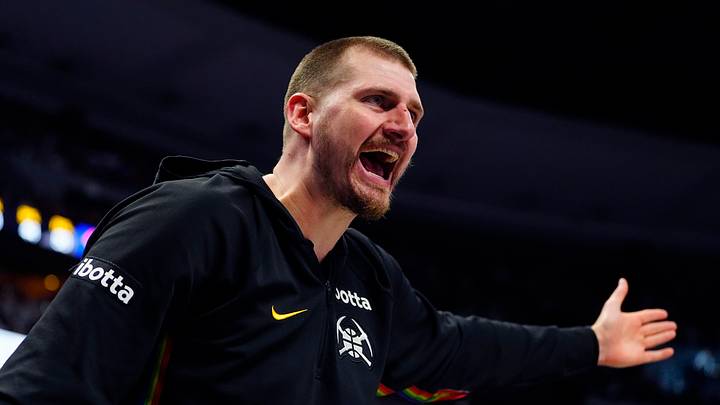 Apr 4, 2026; Denver, Colorado, USA; Denver Nuggets center Nikola Jokic (15) reacts to a referee in the second quarter against the San Antonio Spurs at Ball Arena. Mandatory Credit: Ron Chenoy-Imagn Images Apr 4, 2026; Denver, Colorado, USA; Denver Nuggets center Nikola Jokic (15) reacts to a referee in the second quarter against the San Antonio Spurs at Ball Arena. Mandatory Credit: Ron Chenoy-Imagn Images