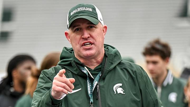 Michigan State's head coach Pat Fitzgerald addresses the team at the end of the football Spring Showcase on Saturday, April 18, 2026, at Spartan Stadium in East Lansing. Michigan State's head coach Pat Fitzgerald addresses the team at the end of the football Spring Showcase on Saturday, April 18, 2026, at Spartan Stadium in East Lansing.