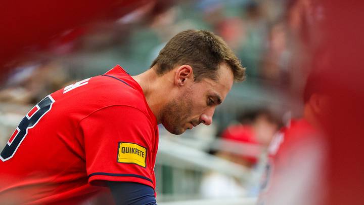 Jun 19, 2026; Cumberland, Georgia, USA; Atlanta Braves first baseman Matt Olson (28) sits in the dugout during the second inning against the Milwaukee Brewers at Truist Park. Mandatory Credit: Jordan Godfree-Imagn Images