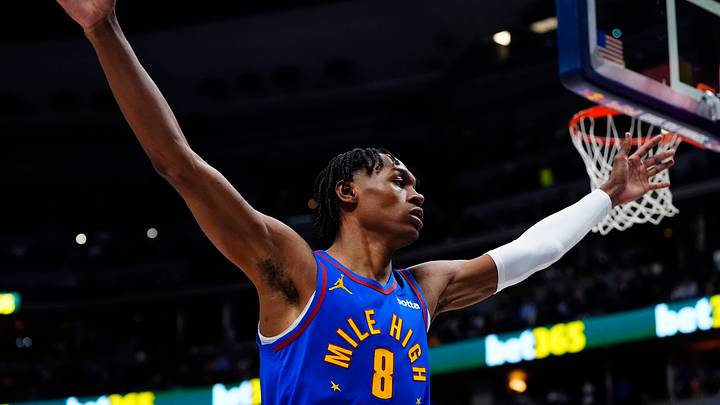 Jan 18, 2026; Denver, Colorado, USA; Denver Nuggets guard Peyton Watson (8) during the first quarter against the Charlotte Hornets at Ball Arena. Mandatory Credit: Ron Chenoy-Imagn Images