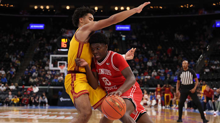 Nov 14, 2025; Inglewood, California, USA; Illinois State Redbirds guard Ty'Reek Coleman (10) drives to the basket against Southern California Trojans guard Rodney Rice (1) during the second half of the Hall of Fame Series game at Intuit Dome. Mandatory Credit: Kiyoshi Mio-Imagn Images Nov 14, 2025; Inglewood, California, USA; Illinois State Redbirds guard Ty'Reek Coleman (10) drives to the basket against Southern California Trojans guard Rodney Rice (1) during the second half of the Hall of Fame Series game at Intuit Dome. Mandatory Credit: Kiyoshi Mio-Imagn Images